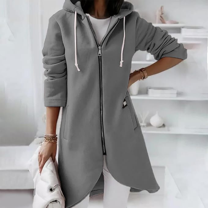 Casual losse, lange gewatteerde sweatshirtjas met rits en capuchon voor dames S gray