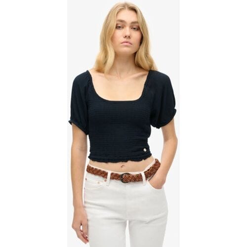 Superdry Geweven top met Smokwerk Blauw Grootte: 34