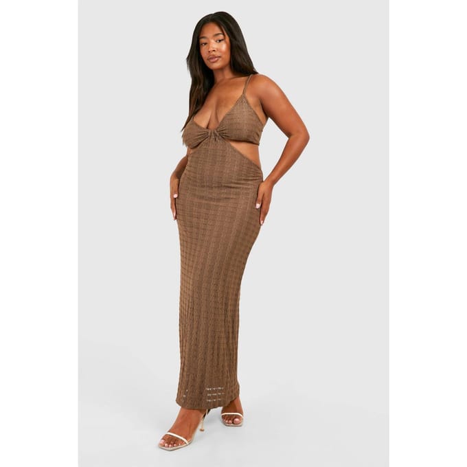 boohoo Dames Plus Jersey Gebreide Riempjes Strand Maxi Jurk | Chocoladebruin | Maat: 56