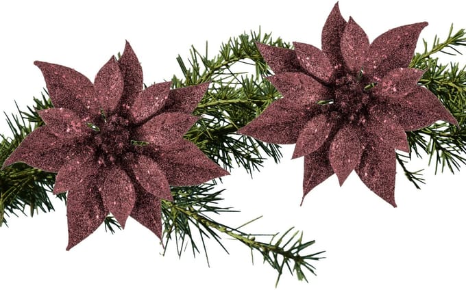 Kerstboomversiering Kerstster - 2x - 18 cm - donkerrood glitter - op clip - ornament