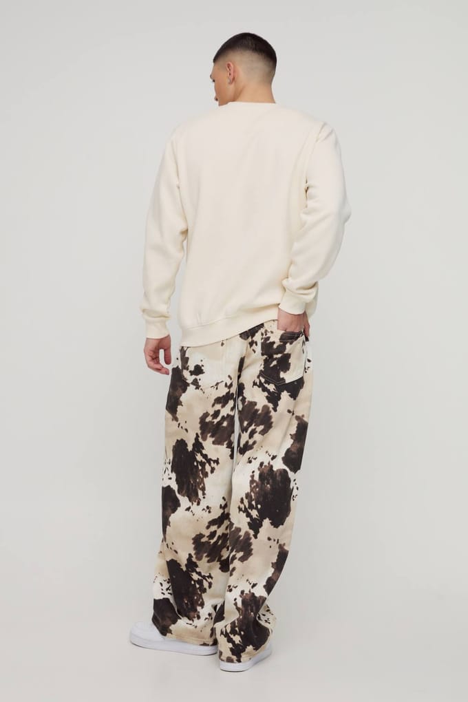 Baggy Fit Cow Print Denim Jeans | Brown | Size 30R