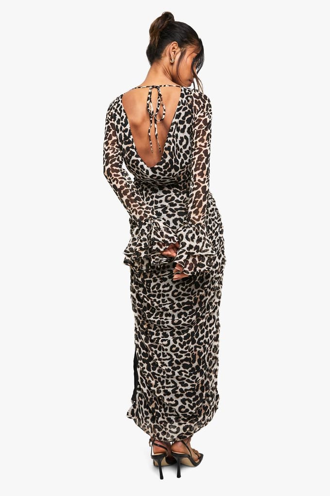boohoo Dames Leopard Chiffon Ruffle Midaxi Jurk | Brown | Maat: 10