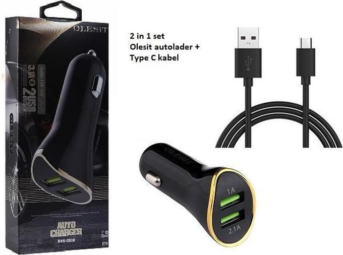 Olesit 3.1A Autolader - Oplader - 2 USB poorten met bescherming tegen overbelading & overhitting - Zwart + Olesit Type-C