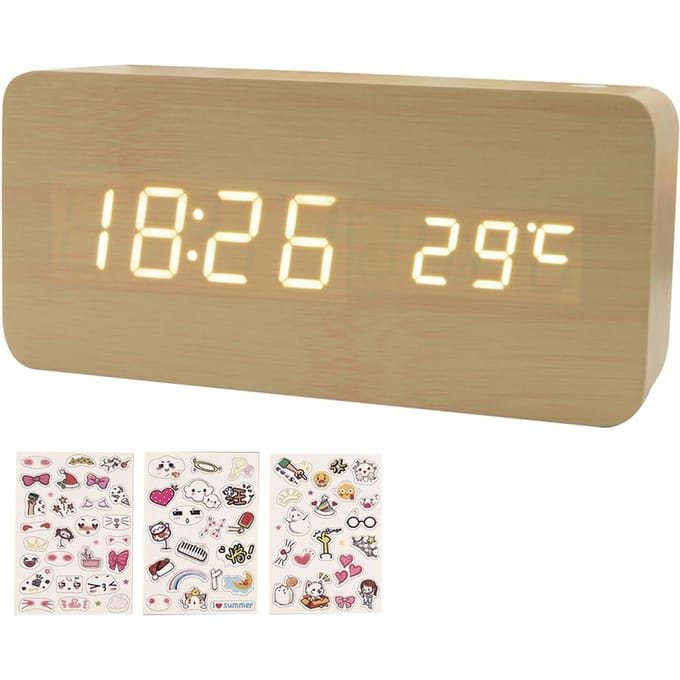 Houten Digitale Wekker 8 Niveaus Instelbare Helderheid Digitale Klok met LED Tijd Datum Bamboo beige