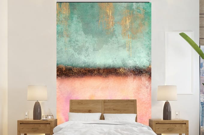 Behang - Fotobehang Goud - Verf - Abstract - Groen - Roze - Breedte 180 cm x hoogte 280 cm