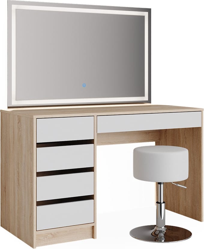 Vicco Kaptafel set met kruk Sherry, Wit/Sonoma, 120 cm met LED-spiegel en kruk