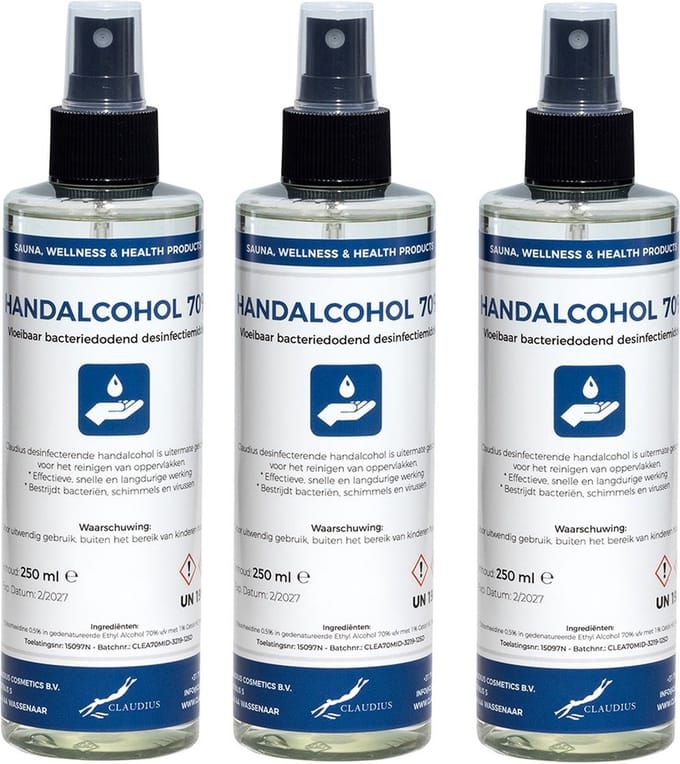Handalcohol spray 70% - 250 ml met luxe zwarte verstuiver dop - set van 3 stuks