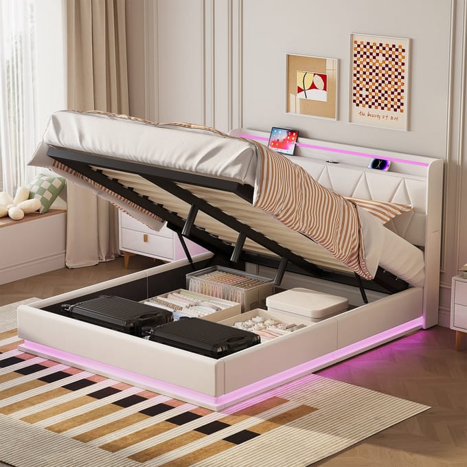 Gestoffeerd Bed 140x200 cm – Fluweel Wit, Hydraulisch Opbergbod met LED Verlichting & USB Oplader