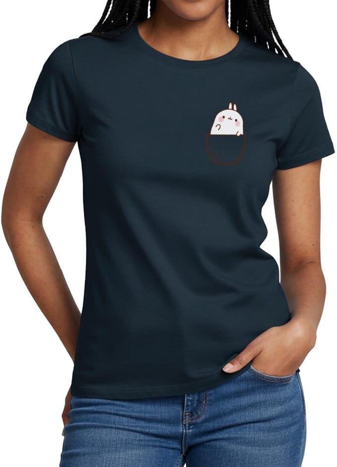 Molang In Een Zak Borst Zak Afdrukken T-Shirt Dames