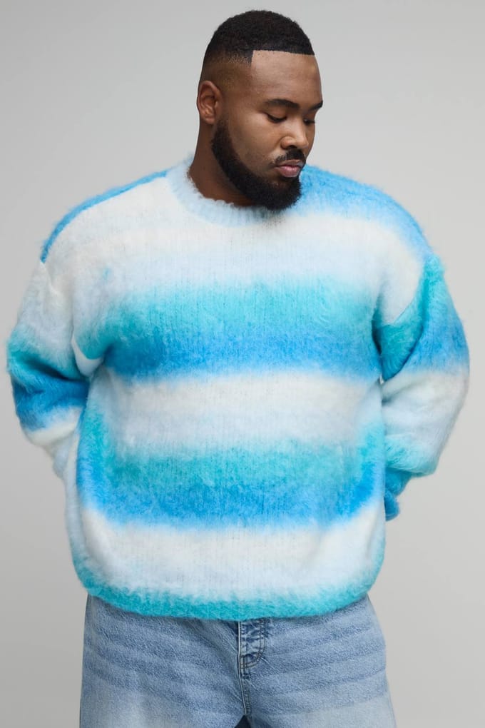 Plus Boxy Oversized Geborstelde Streep Gebreide Trui | Blue | Size 3XL