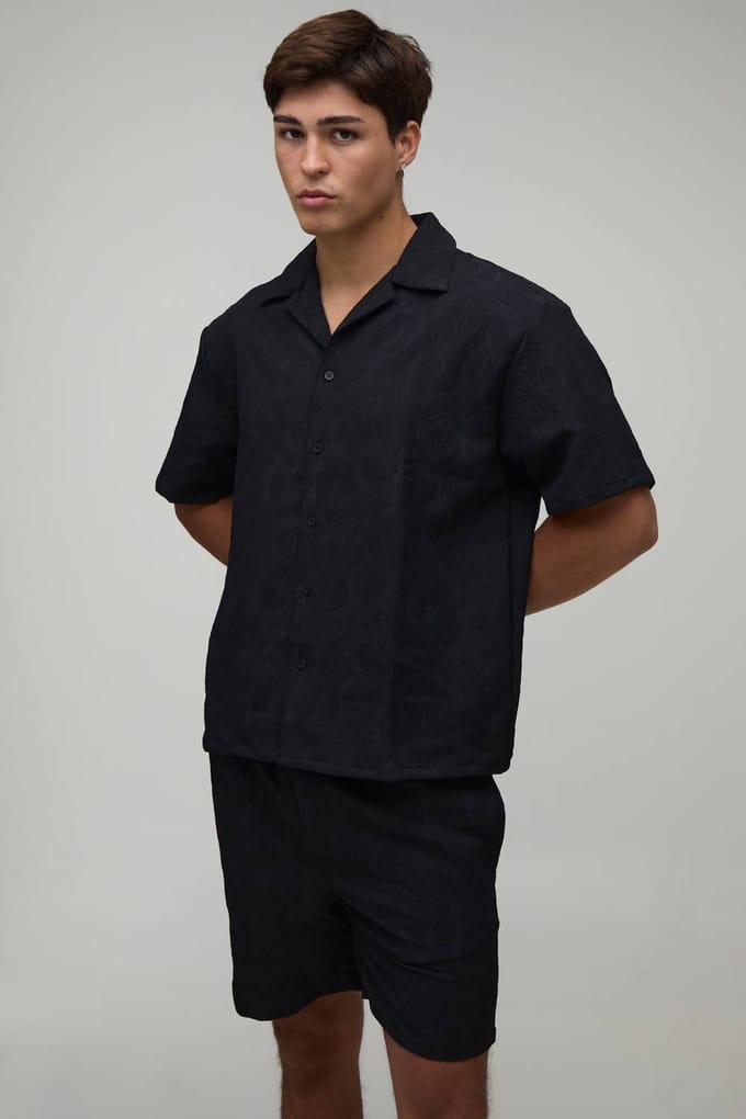 Palm Crinkle Oversized Shirt & Relaxed Short Set | Black | Size Medium