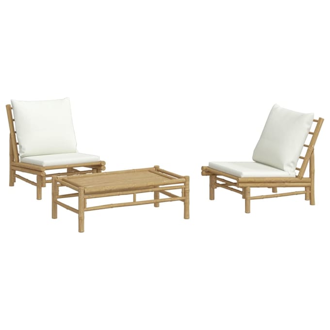 vidaXL - 3-delige - Loungeset - met - kussens - bamboe - crèmewit