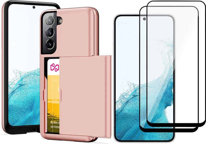 Hoesje met Pasjeshouder geschikt voor Samsung Galaxy S22 - 2x Screen Protector FullGuard - Back Cover SlideCase Roségoud & Screenprotector