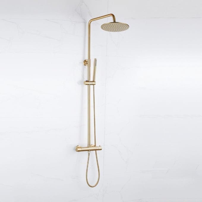 FugaFlow Eccelente Acces Regendoucheset - thermostatisch - 25cm hoofddouche - gladde slang - staaf handdouche - Geborsteld Messing PVD (Goud)