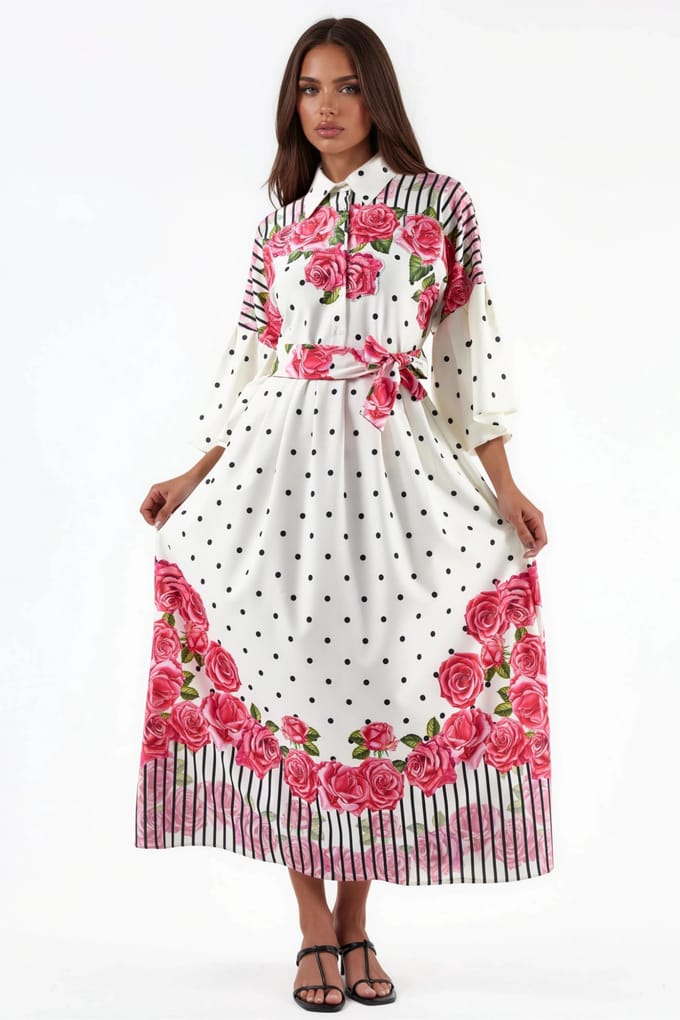 Bloemen Maxi Jurk met Hemdkraag en Knopen Sluiting