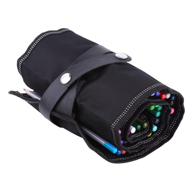 Zwarte Draagbare Stoffen Potloodwikkelrol Multifunctionele Etui Houder (48 sleuven) black