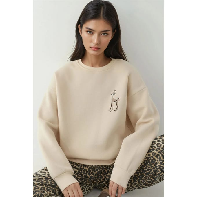 Comfort Dierenpatroon Geborduurde Verhoogde Ronde Hals Sweater