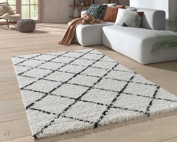 Flycarpets Candy Diamond Vloerkleed - Crème / Zwart Geruit - Hoogpolig - 120x170 cm