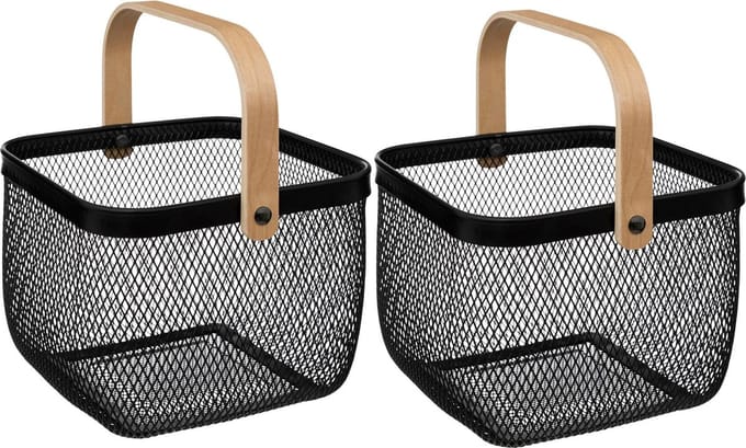 5Five draadmand/fruitschaal Maya - 2x stuks - vierkant - zwart - 26 x 26 x 18 cm - metaal/hout