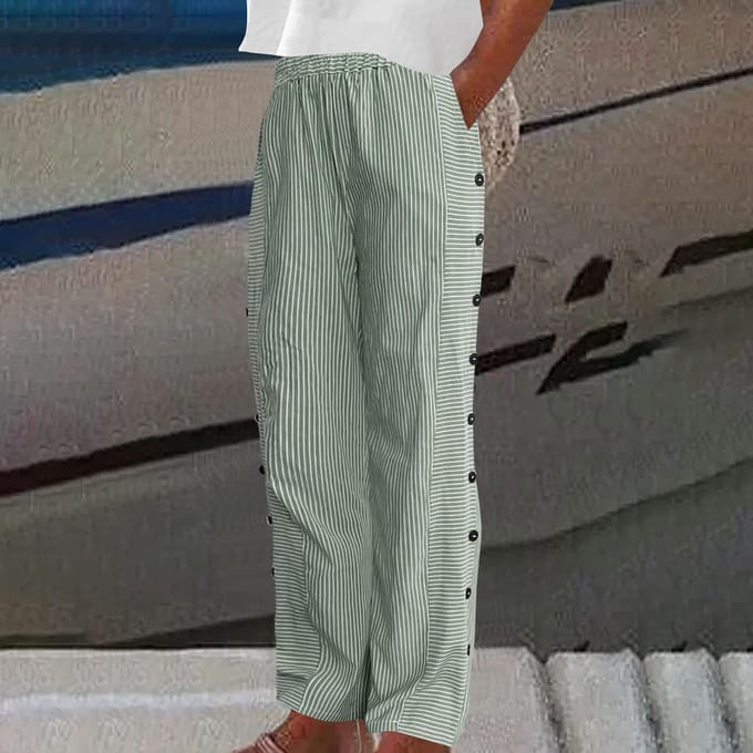 Dames Streep Broek Lang Elastische Taille Casual Los Recht Wijde Pijpen Broek Grote Maten S wit