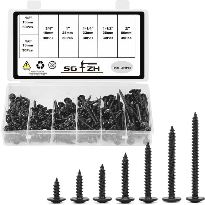 Set van 210 zelftappende houtschroeven met platte kop - 8 verschillende schroeven in zwart oxide