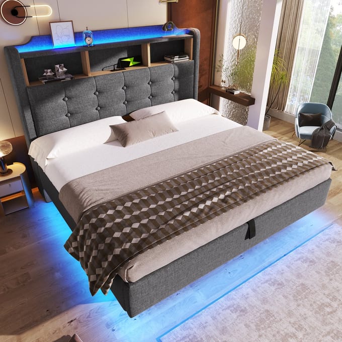 MODENUIT Gestoffeerd bed 140x200 cm – LED-lichtstrip, USB/Type-C en hydraulische opbergruimte – Grijs – Zonder matras