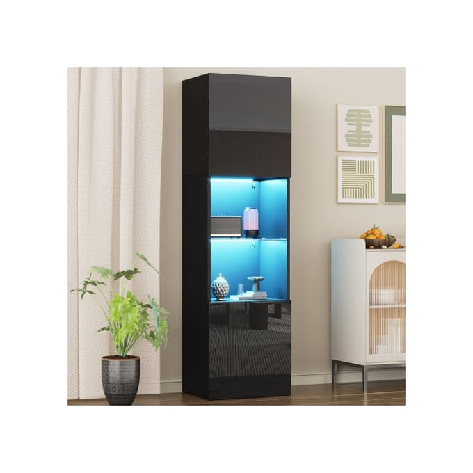 Vitrine - MUVOE - Noir Brillant - 1 étagère en verre - Éclairage LED - 160 cm zwart