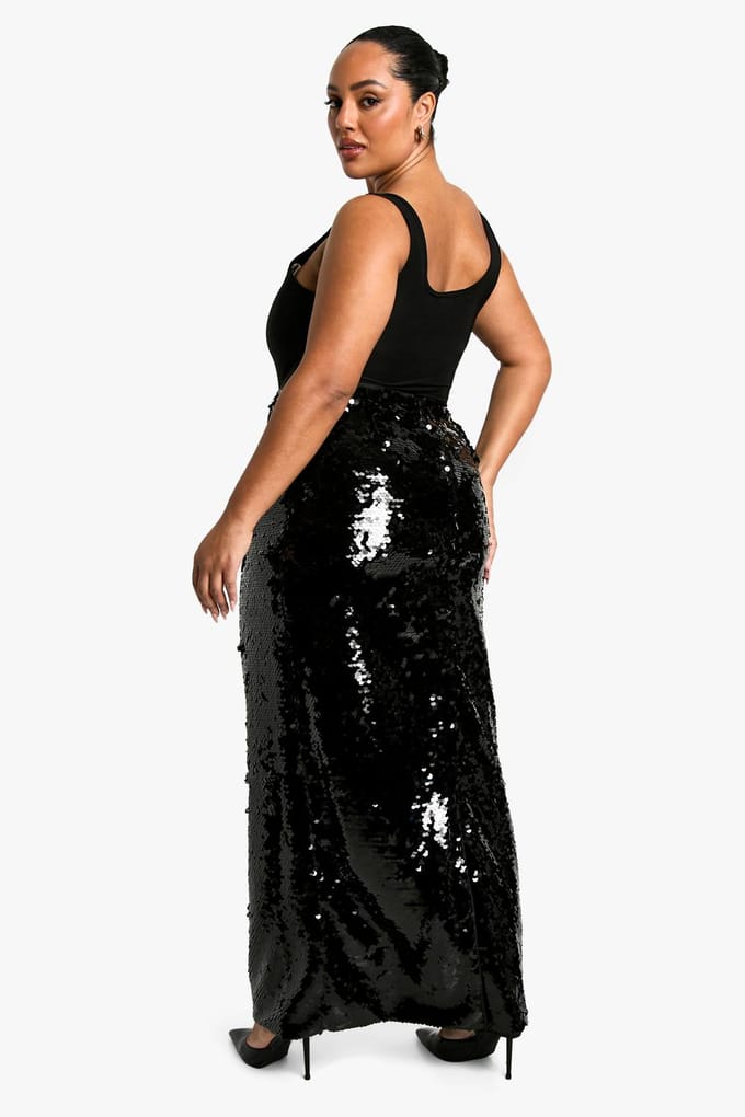 boohoo Dames Plus Premium Pailletten Maxi Rok | Zwart | Maat: 38