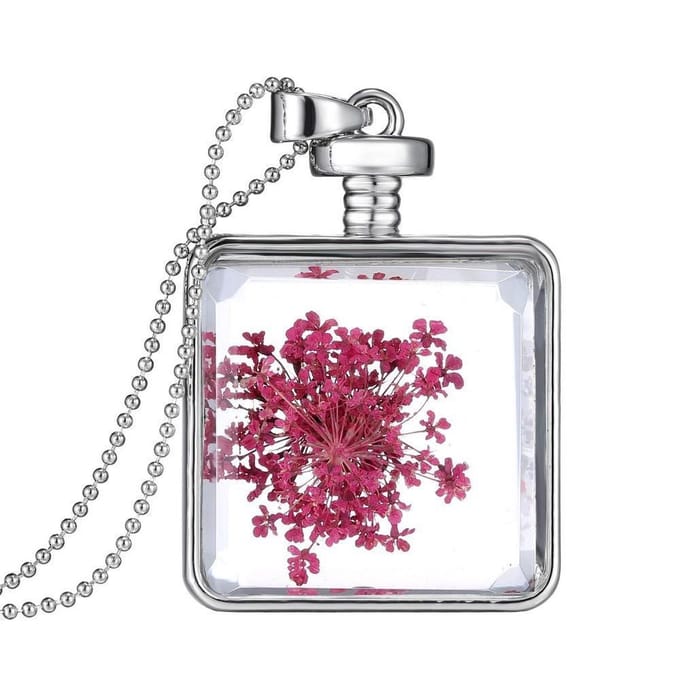 Fako Bijoux® - Ketting - Gedroogde Bloem - Vierkant - Zilverkleurig - Paars