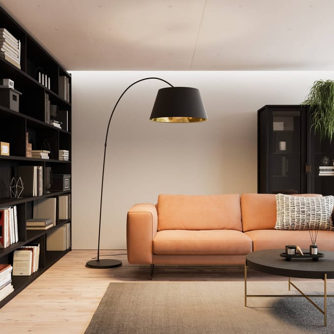 Lindby - booglamp - 1licht - stof, staal - H: 192 cm - E27 - zwart, goud