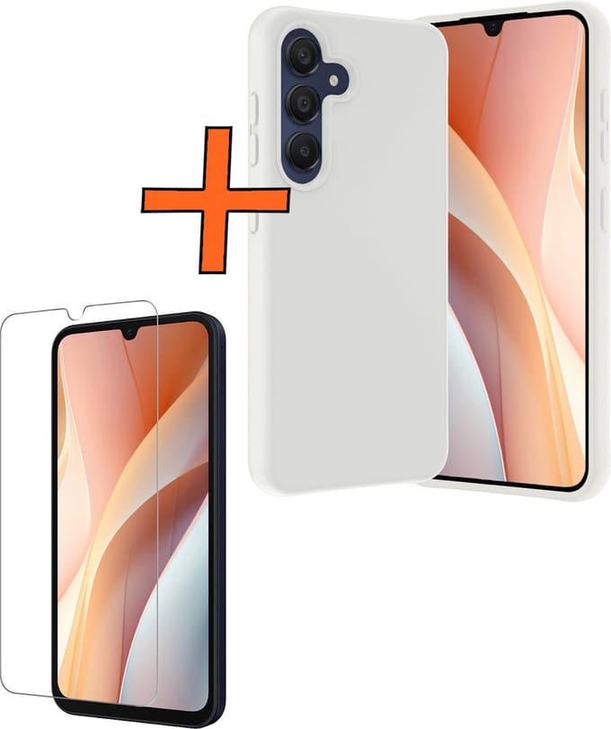 Hoes - Met Screenprotector - Geschikt voor Samsung Galaxy A15 - Sterk & Shockproof - Back Cover - Siliconen Case - Telefoon Hoes - Wit
