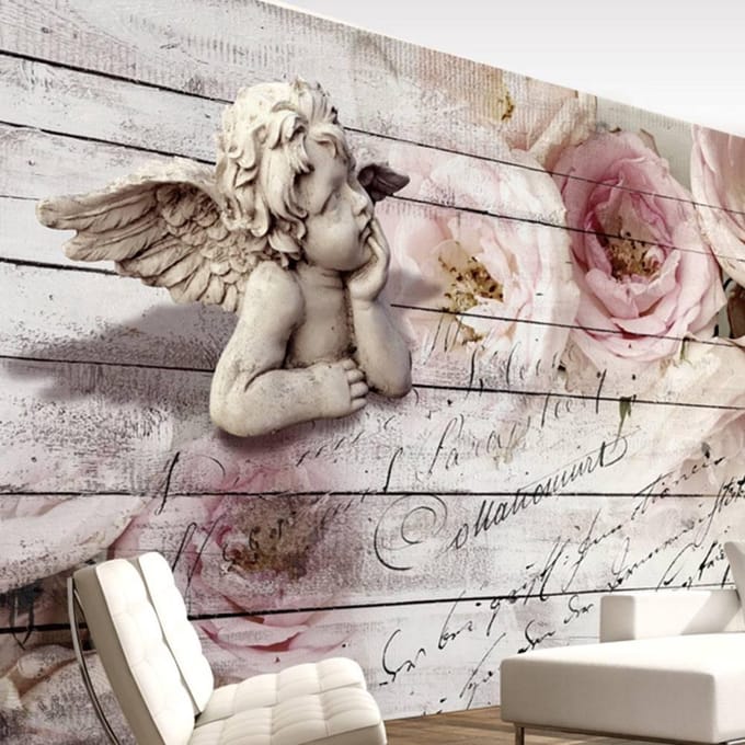 200cm X 140cm - Fotobehang - Engel tussen rozen