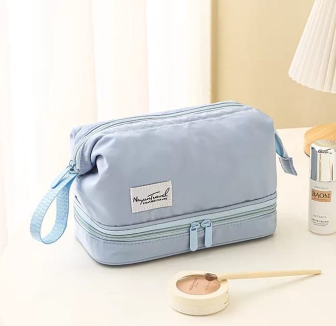 SLC Collection - Toilettas - Dubbele Bodem – Licht Blauw - Beugelsluiting - Beautycase - Organizer - Reistas