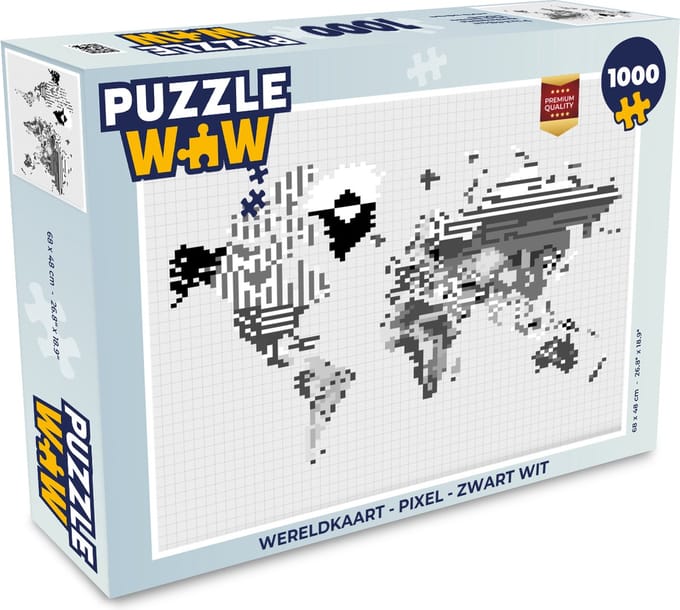 Puzzel Wereldkaart - Pixel - Zwart Wit - Legpuzzel - Puzzel 1000 stukjes volwassenen