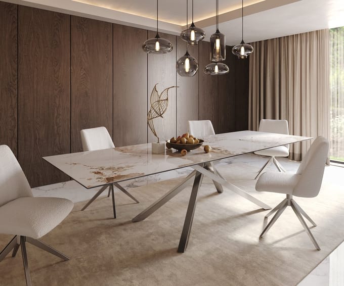 Eetkamertafel Edge keramiek Minas Melange wit-beige 300x100 kruisframe rechthoek RVS