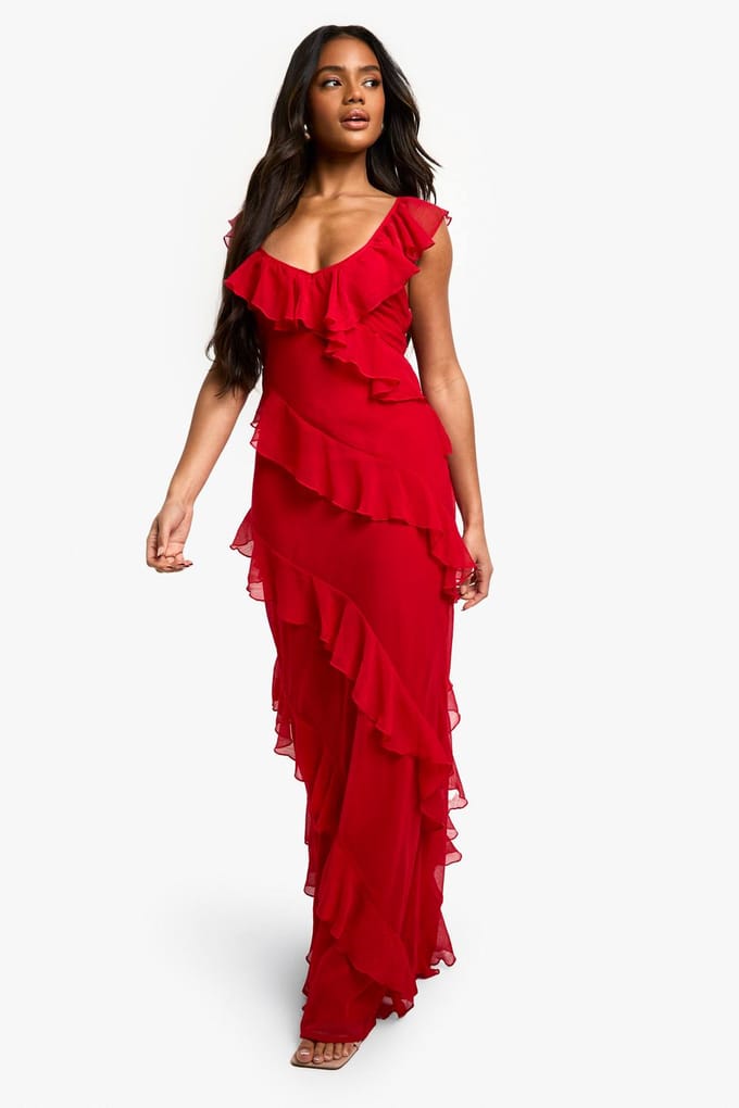 boohoo Dames Chiffon Ruffle Maxi-jurk met bandjes | Rood | Maat: 46