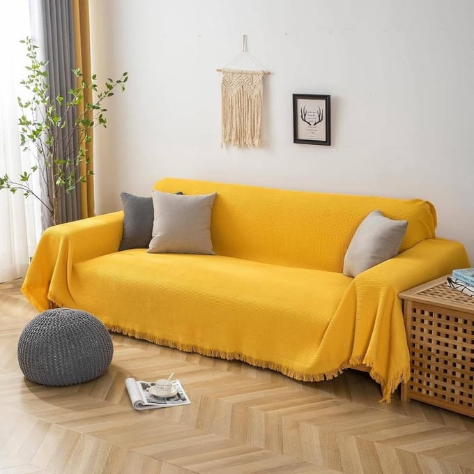 Grote Gele Wafel Plaid voor Sofa - 180x420 cm - Katoen & Polyester met Franjes
