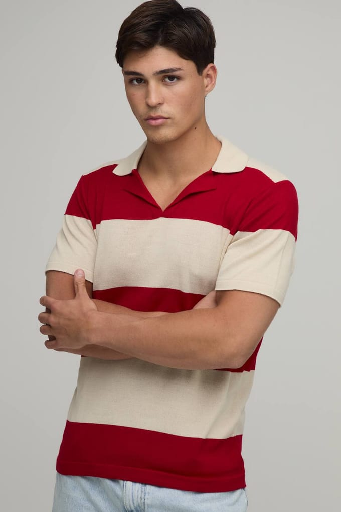 Regular Fit Revere Striped Knitted Polo T-Shirt | Red | Size Small