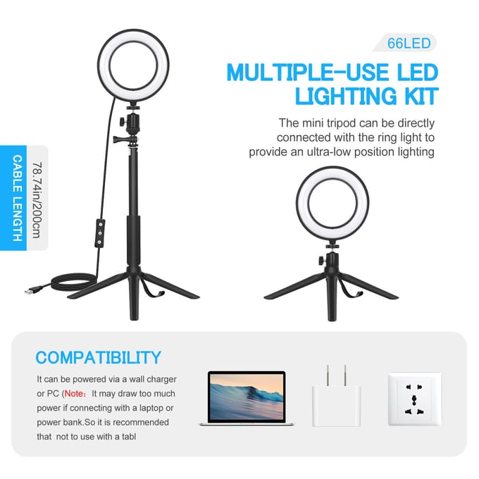 2-pack desktop USB LED-videoverlichtingsset met 2 * dimbare 6 inch LED-ringverlichting 5600K + 2 * zwart