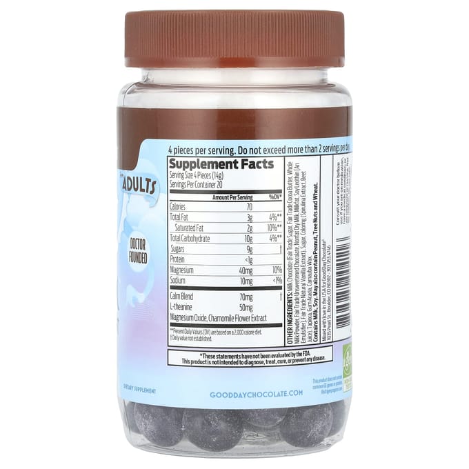 Good Day Chocolate, Complément alimentaire apaisant, Adulte, Chocolat au lait, Enrobage de bonbons, 80 unités