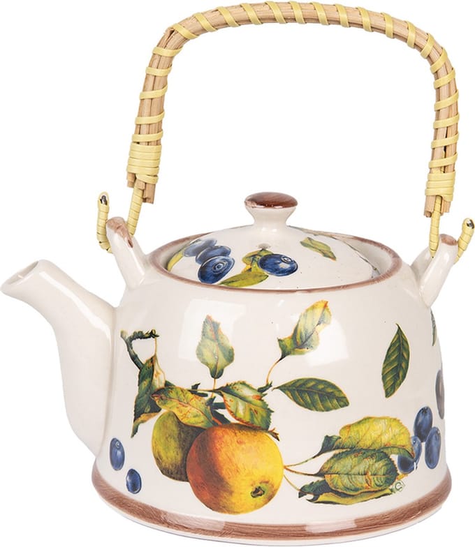Clayre & Eef Theepot met Filter 800 ml Wit Geel Keramiek Sinaasappel