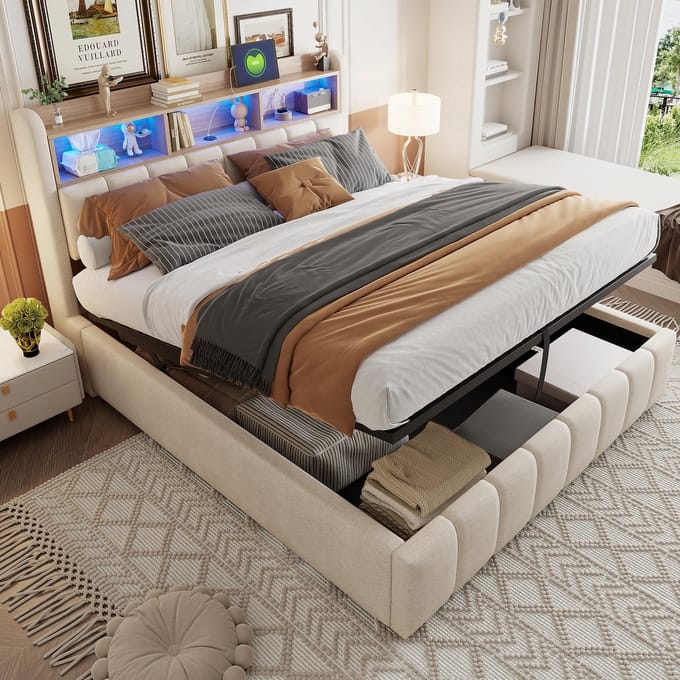 Wishdor – Gestoffeerd Bed 180x200 cm – Met LED & USB/Type-C – Hydraulische Lift & Opbergvakken – Luxe & Functioneel – Linnen – Beige