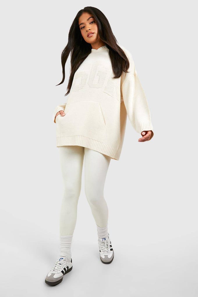 boohoo Dames Petite Dsgn Gebreide Hoodie | Creme | Maat: 34