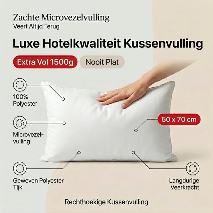 BINNENKUSSEN | Kussenvulling 50x70 cm | 1500 gram | Kussenvulling | 100% Polyester - Vulling | Microvezel