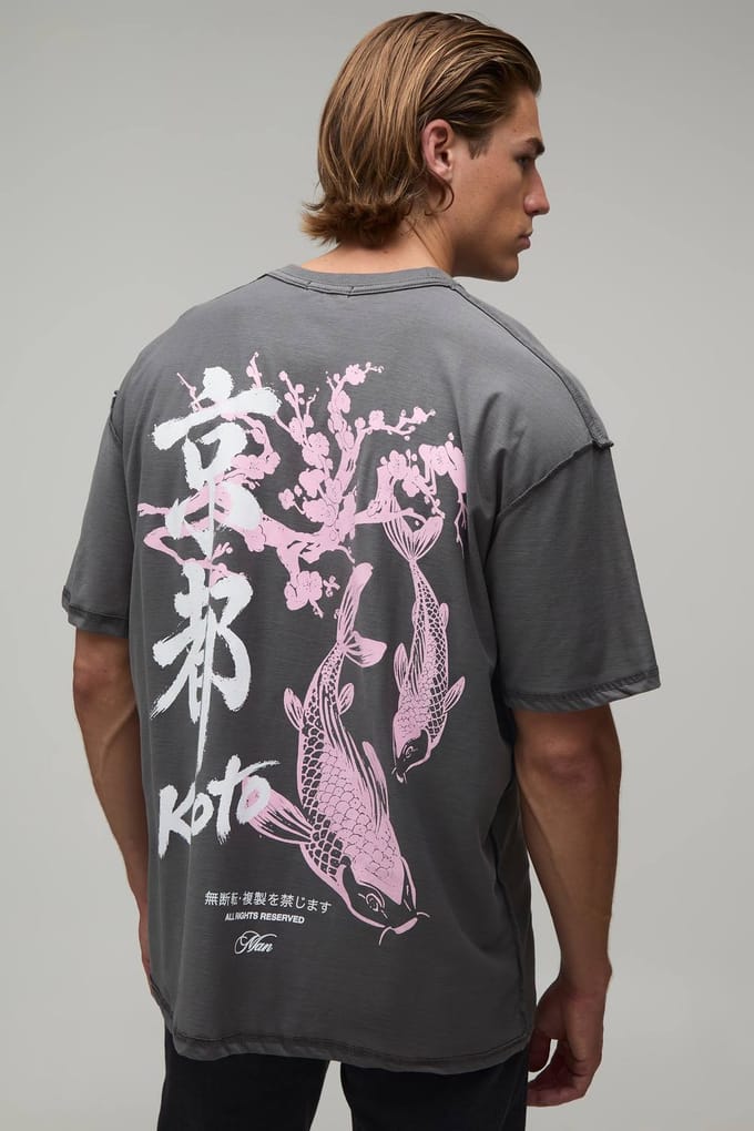Antraciet Oversized T-shirt Met Kyoto Print En Zichtbare Naden | Charcoal | Size Medium