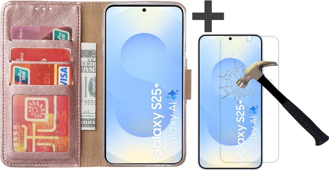 Hoesje met Screenprotector Geschikt voor Samsung Galaxy S25 Plus – Arara bookcase met pasjeshouder - Rosegoud