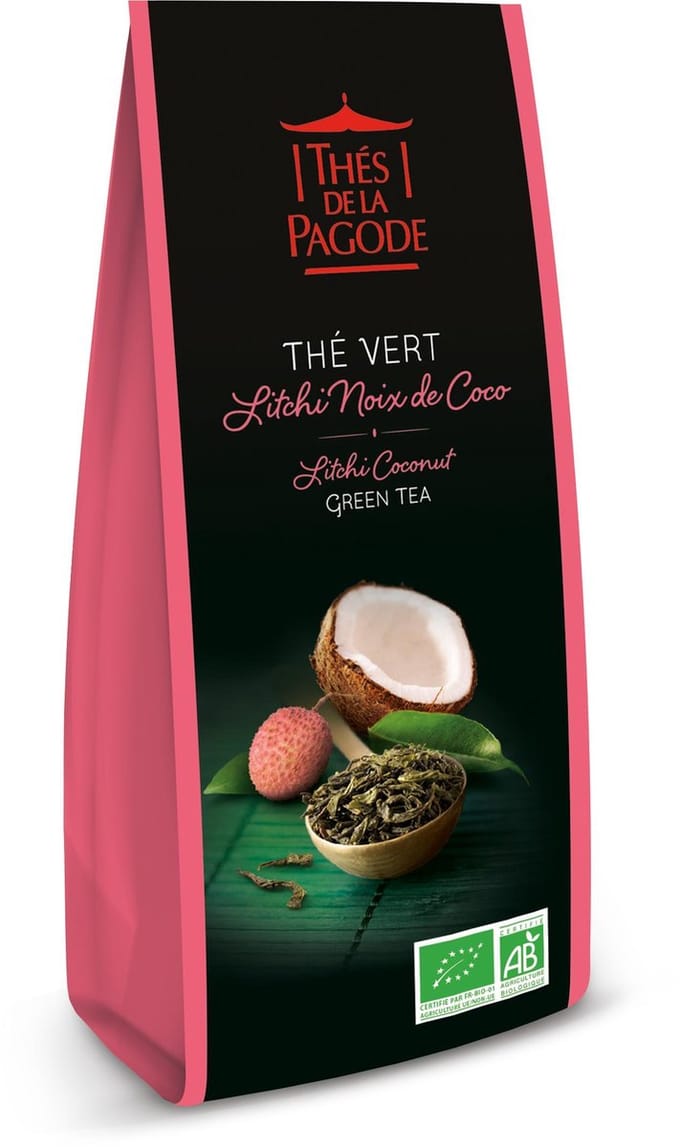 Thés de la Pagode – Groene thee Lychee en kokos - Losse Thee - Biologische thee  (100 gram)