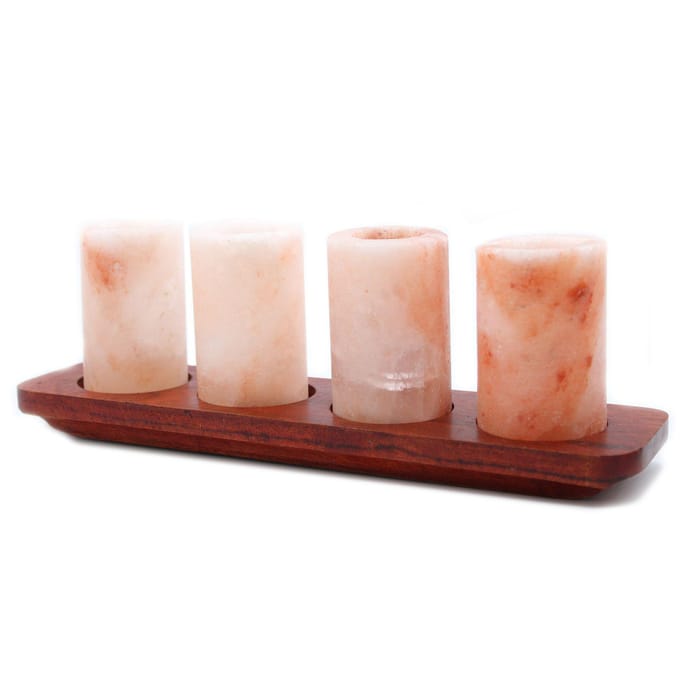 Himalaya Zoutsteen Shotglazen & Houten Dienblad - 4 Glazen - 27x9x7cm