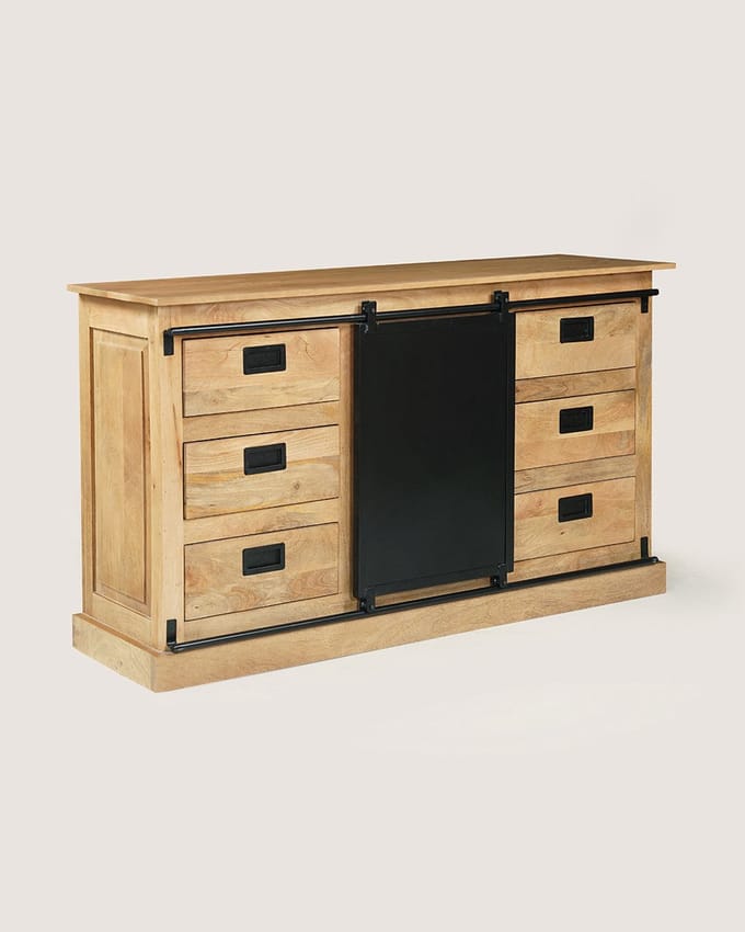 Dressoir 160 cm Mangohout – Schuifdeur & 6 Lades – Industrieel