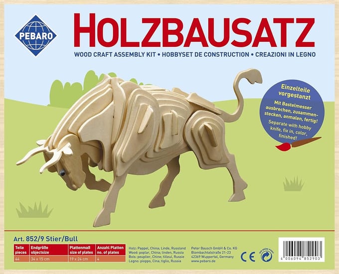 Pebaro houten bouwset stier - 3D dierenpuzzel knutselpakket.